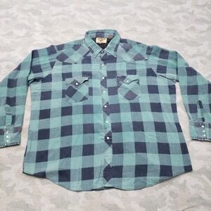 VTG Authentic Western Young Bloods Flannel Shirt Mens 2XL Green Plaid Pearl Snap